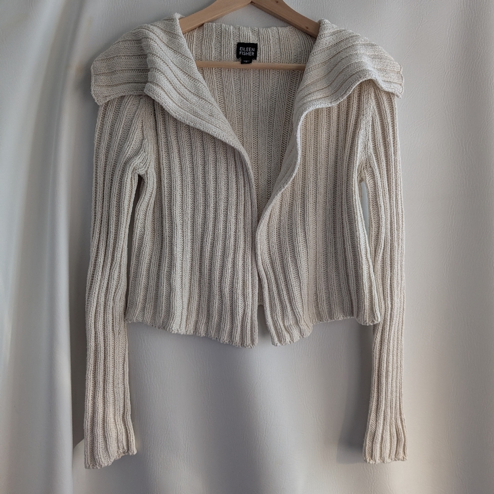 Eileen Fisher Silk Cotton Cream Knit Ribbed Cropped Sweater Long Sleeves - S